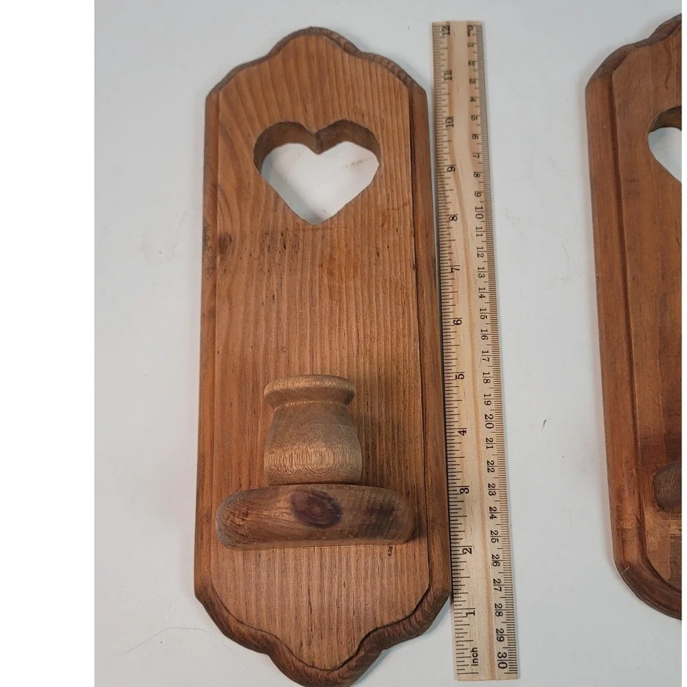 Vintage Wooden Wall Sconce Candle Holders Pair Heart Cutout Farmhouse 12in